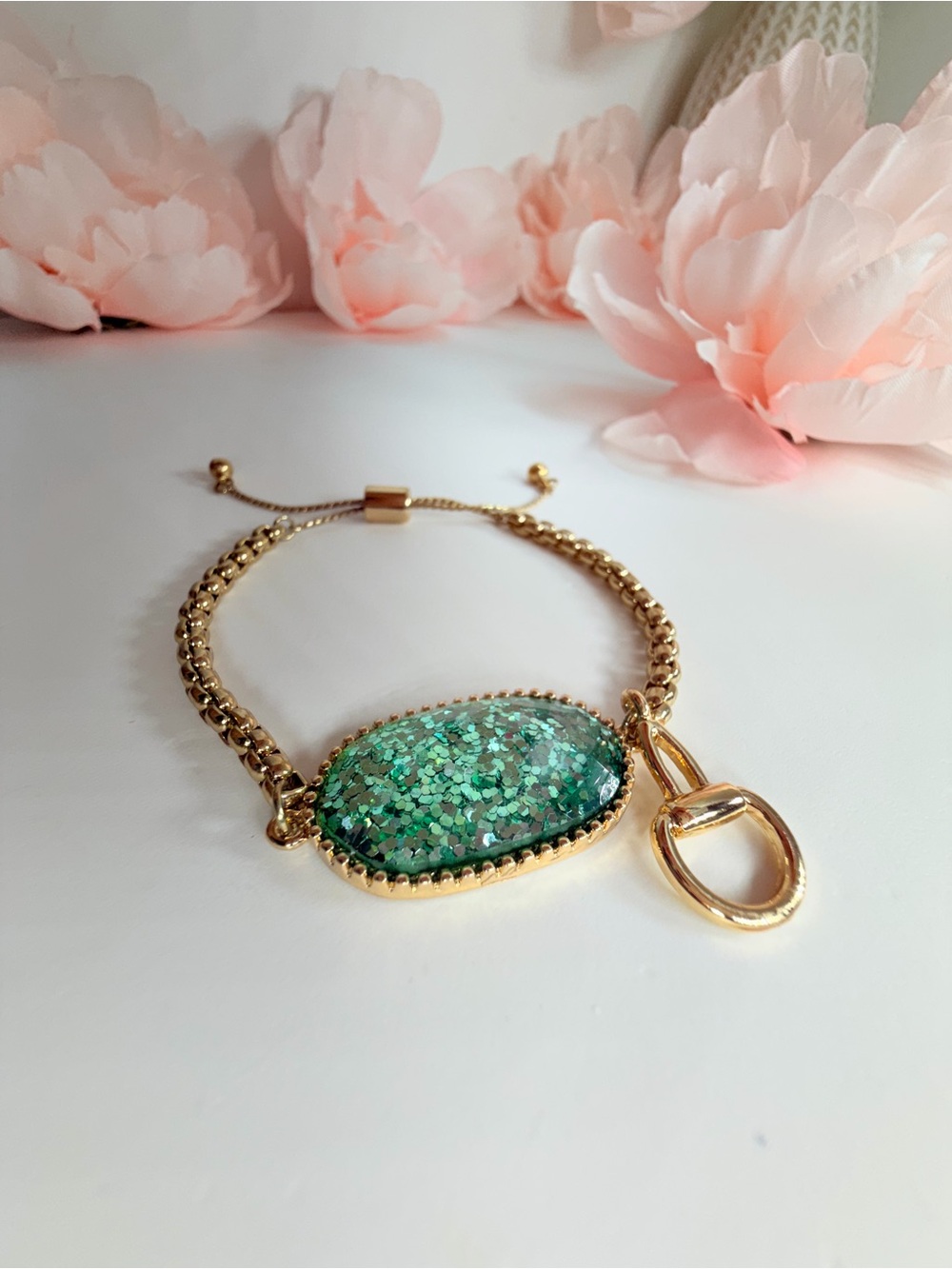 Gold  horse bit Bracelet with Green Glitter Stone Accent